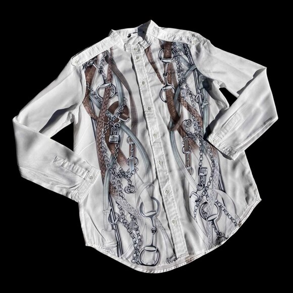 GUCCI Women's 2011 Resort White Silk Equestrian Print Shirt Button-Up Size 38 M - Picture 2 of 13